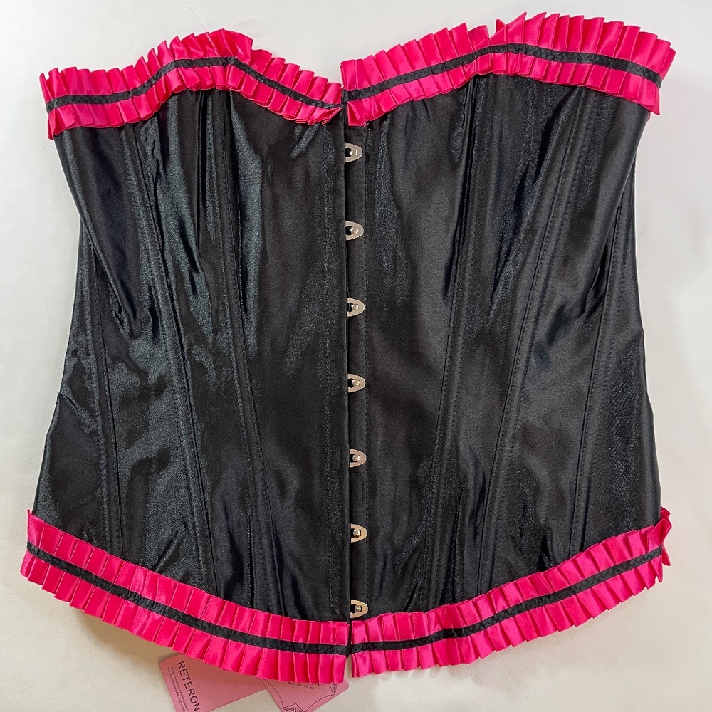 Bustier/G-String L -Black Satin Hot Pink Ruffle Trim Corset Renaissance Fair NWT